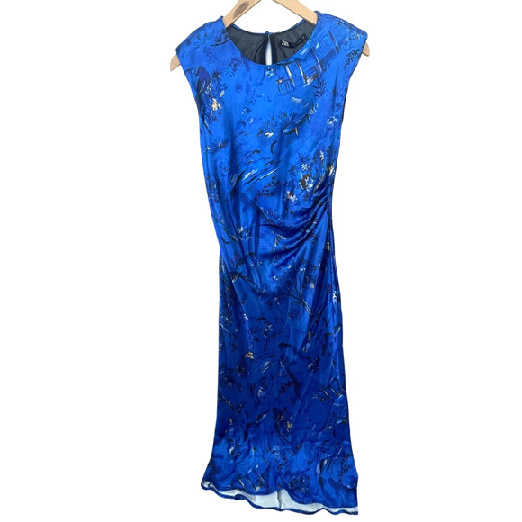 ZARA Oriental Printed Satin Midi Dress Ruched Shoulder Pads Keyhole Blue Small - Picture 3 of 12